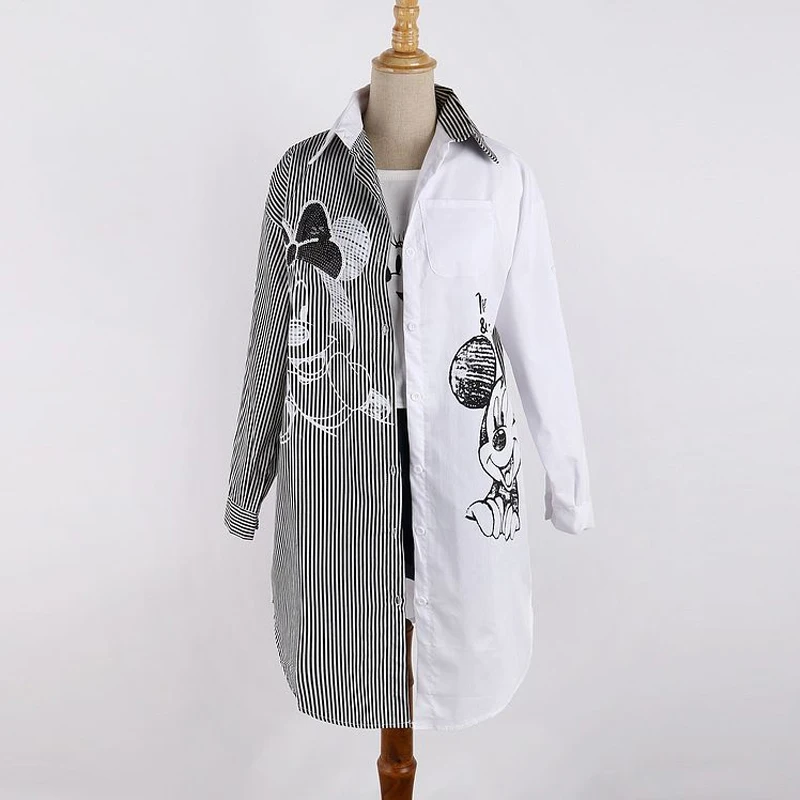 

Women Long Blouse Shirt Long Sleeve 2019 New Fashion Spring Summer Cartoon Mouse Striped Tops Loose Casual Womans Cloth
