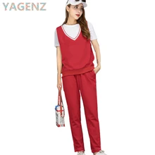 YAGENZ Summer Women s Sportswear Suit 2017 Fashion Casual Cotton Short Sleeve Pants 3 Piece set