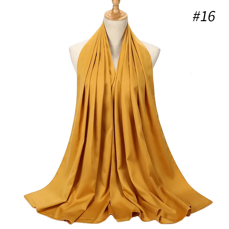 Высокое качество женский Шелковый матовый атласный шарф простой Малайзийский мусульманский хиджаб шаль Tudung платок Большой Длинный Пашмины шарфы платок - Цвет: 16 mustard
