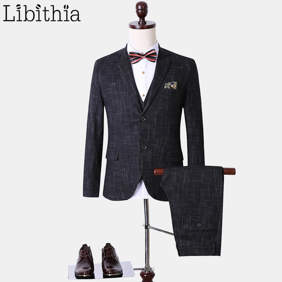 

(Jacket+Pant+Vest) Three-piece Suits Men Stripe Formal Blazer Slim Fit Plus Size Two Buttons Costume Homme Wedding Dress S146