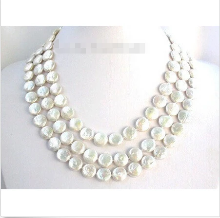 

Free shipping >>>>>>3row 12mm coin round white cultured pearls necklace