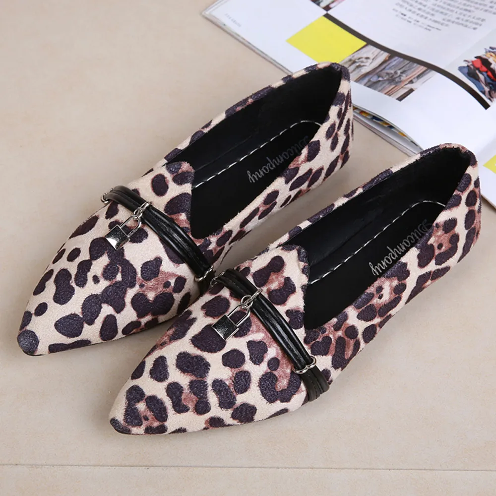 

Women Flats Leopard Printed Pointed Toe Nubuckle leather Women Leisure Shoes Matching Slip-on Ladies Flats Comfortable Footwear