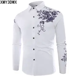 Новая мода человек рубашка с длинным рукавом с цветочным принтом Однобортный Повседневное Solid Slim Fit дизайнер хлопчатобумажных социальных