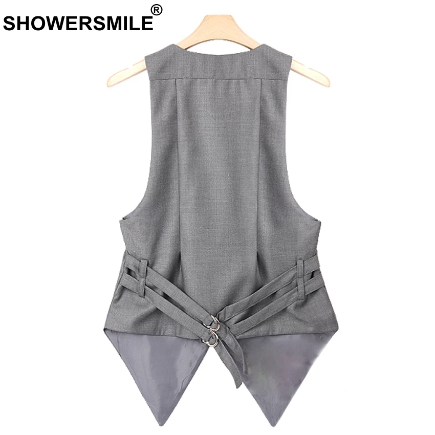 SHOWERSMILE Grey Plus Size Sleeveless Vest Women Autumn Slim Fit Waistcoat With Pockets Fashion Women Suit Vest Chalecos Mujer