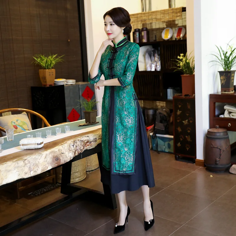 Традиционное китайское длинное женское платье из двух частей Qipao воротник-стойка ручной работы на пуговицах Cheongsam M L XL XXL 3XL 4XL YZT1208