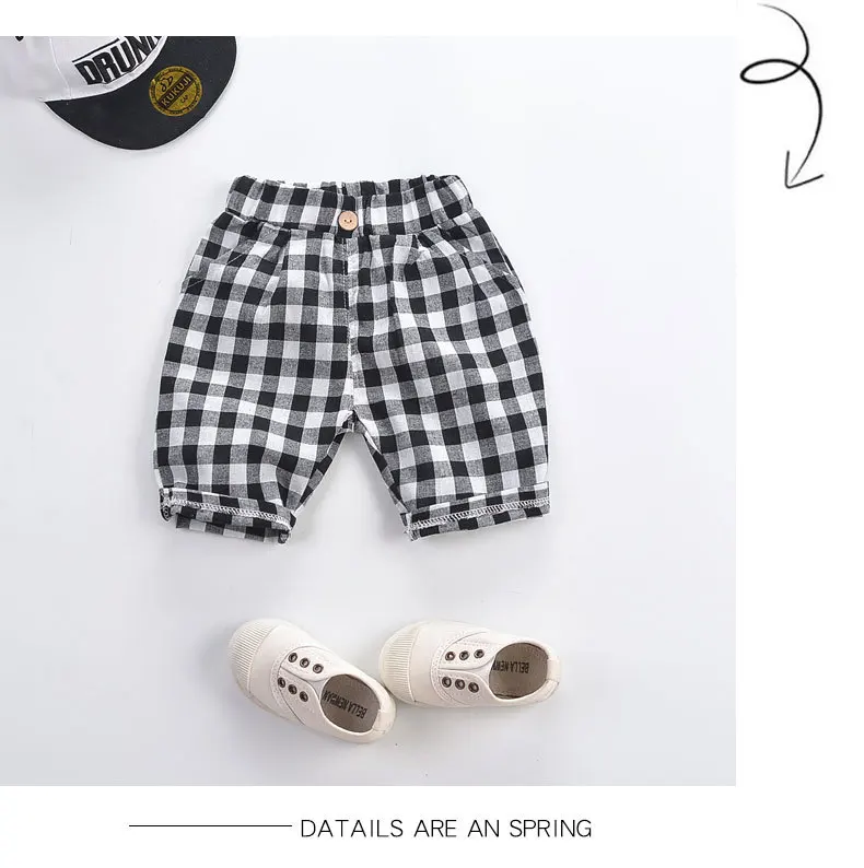 Kids Cotton Linen Trousers Summer Beach Loose Shorts for Boys Toddler Baggy Pants Black White Striped Plaid Baby Short