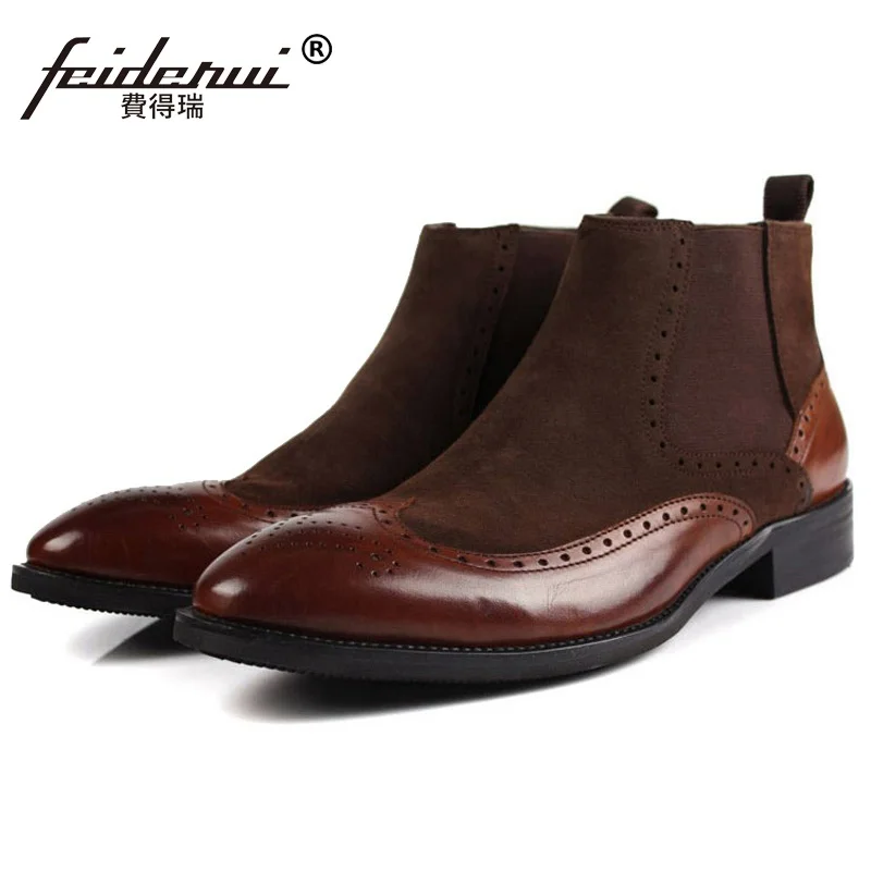 Vintage Brand Man Carved Brogue Oxford Shoes Male Designer Genuine Leather Suede Men's Wing Tip Chelsea Ankle Boots EH22
