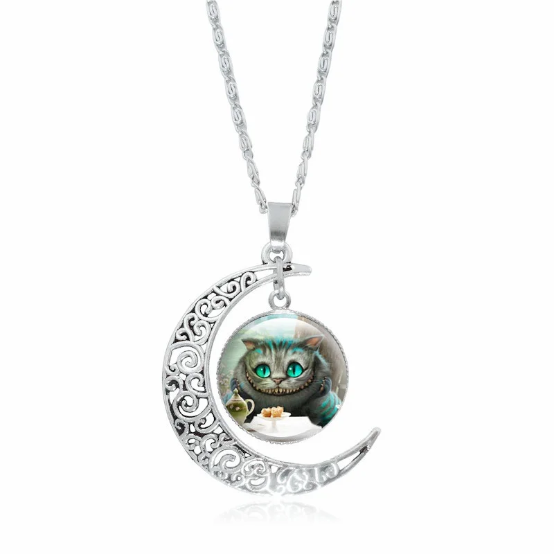 

XUSHUI XJ Cheshire Cat Necklace Alice In Wonderland Jewelry Silver Crescent Moon Pendant Chain Necklace Women Gift 2017