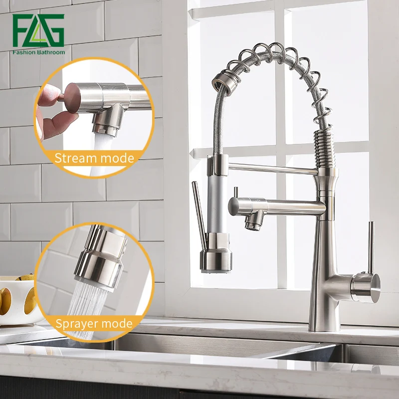 

FLG Kitchen Faucets Brushed Nickel Faucets for Kitchen Sink Single Pull Out Spring Spout Mixers Tap Hot Cold Water Tap 1015-33N