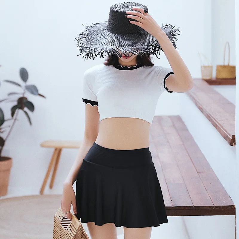 

Sexy Short skirt with safety pants 2019 new High Neck bikini swimwear high waist two pieces swimsuit Split women bathing suits
