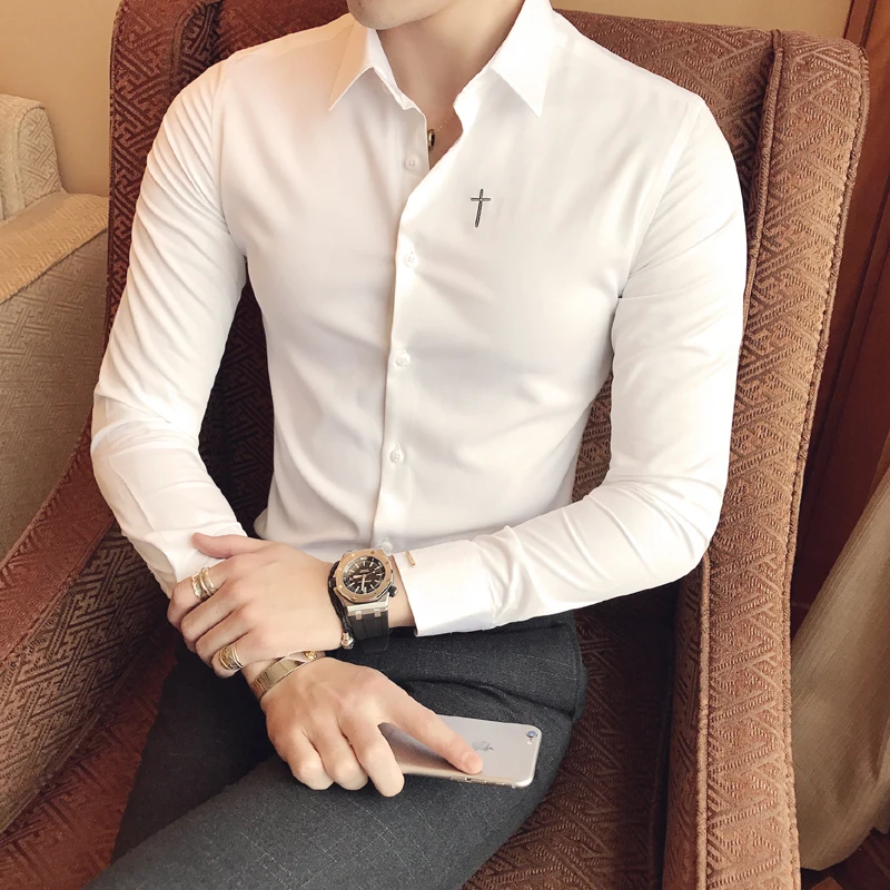 Рубашка мужская с вышивкой модная бутиковая хлопковая официальная деловая