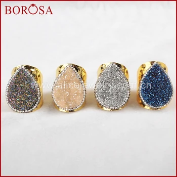 

BOROSA Self Design Natural Crystal Druzy Teardrop Titanium Multi-color Druzy Gold Color Band Ring Paved Zircon for Women JAB374