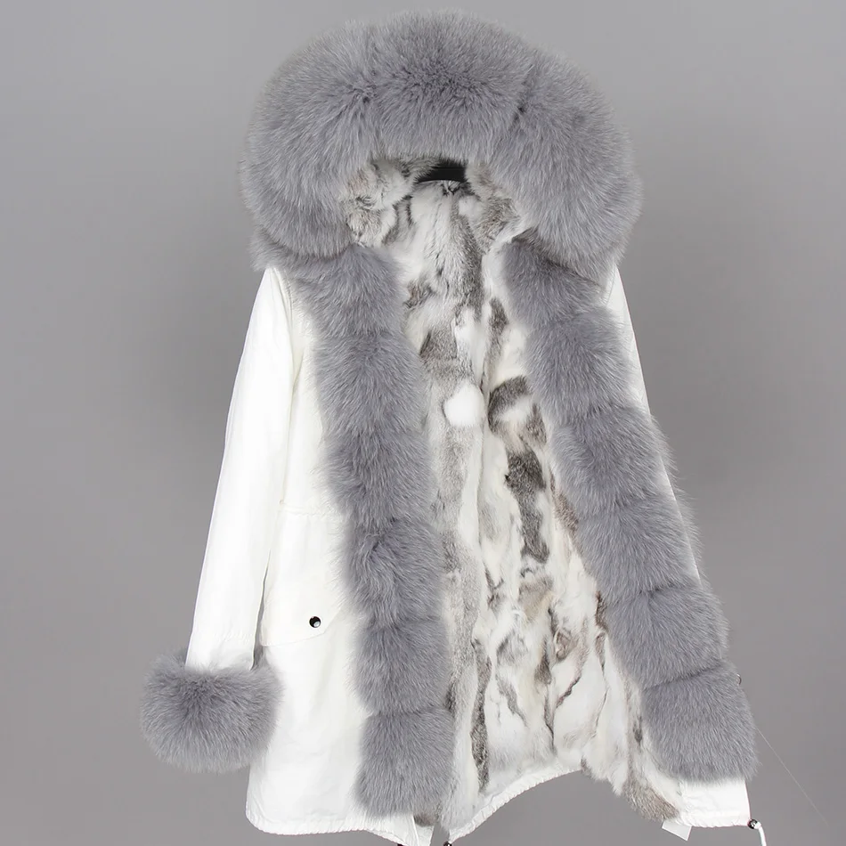 Модная зимняя куртка для женщин из натурального меха кролика, пальто из натурального меха лисы, свободные длинные парки, Большая Меховая верхняя одежда, съемная
