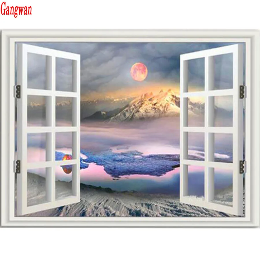 Diamond Painting 5D Full Square round stone Windows sunrise Scenery Picture Daimond Embroidery rhinestone Cross Stitch Mosaic decor