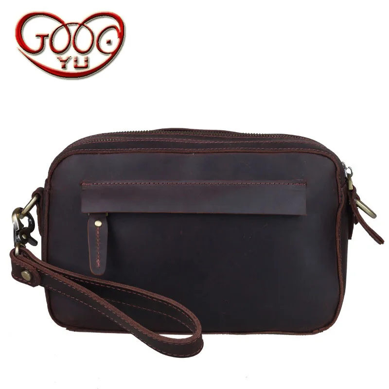 

Vintage crazy horse leather zipper bag men bag shoulder Messenger bag cross section square multi-clutch