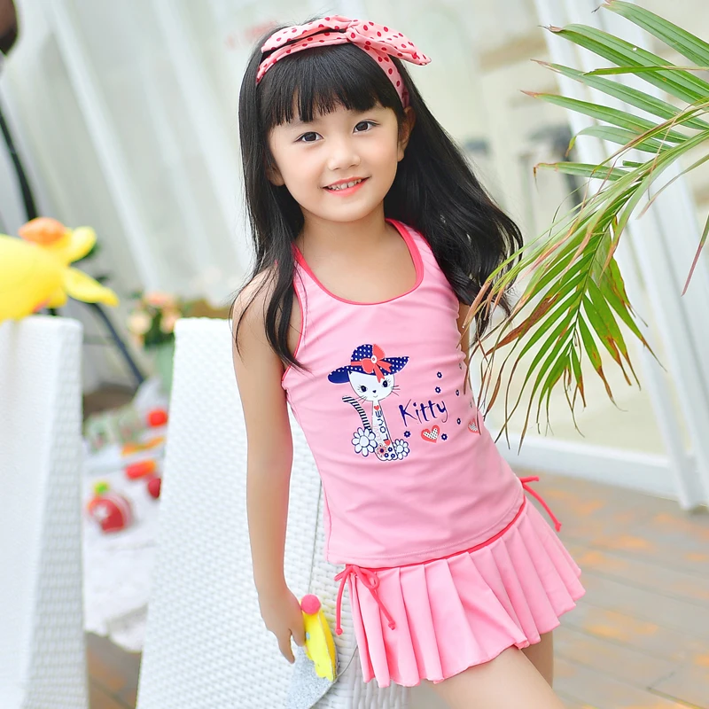 Kids Swimwear Child Swim suit Girl Swimsuit With Skirt Lovely Cat Sweet Pink Two Piece Dress Children Bathing Swimming Beachwear