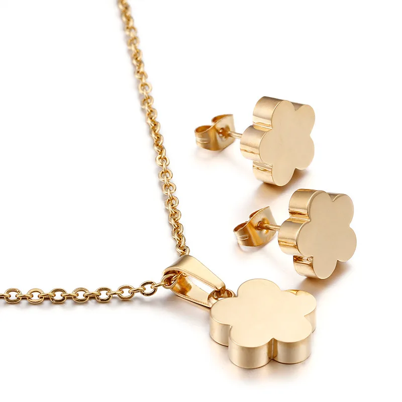 

TSW34-Trendy Design Mini Flower Pendant Necklace Earrings Set Titanium Steel Silver Gold Simple Girls Jewelry High Quality
