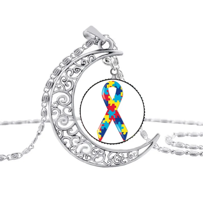 Suteyi, Аутистическое красочное ожерелье с изображением дерева, серебряной Луны, забота о аутизме, ожерелье для любви, Детские ювелирные аксессуары - Окраска металла: 8