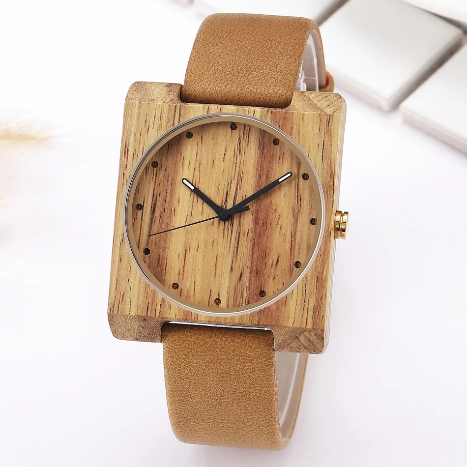 Часы из натурального дерева женские кварцевые часы Элегантные квадратные деревянные наручные часы Аналоговые легкие женские часы Relogio Feminino