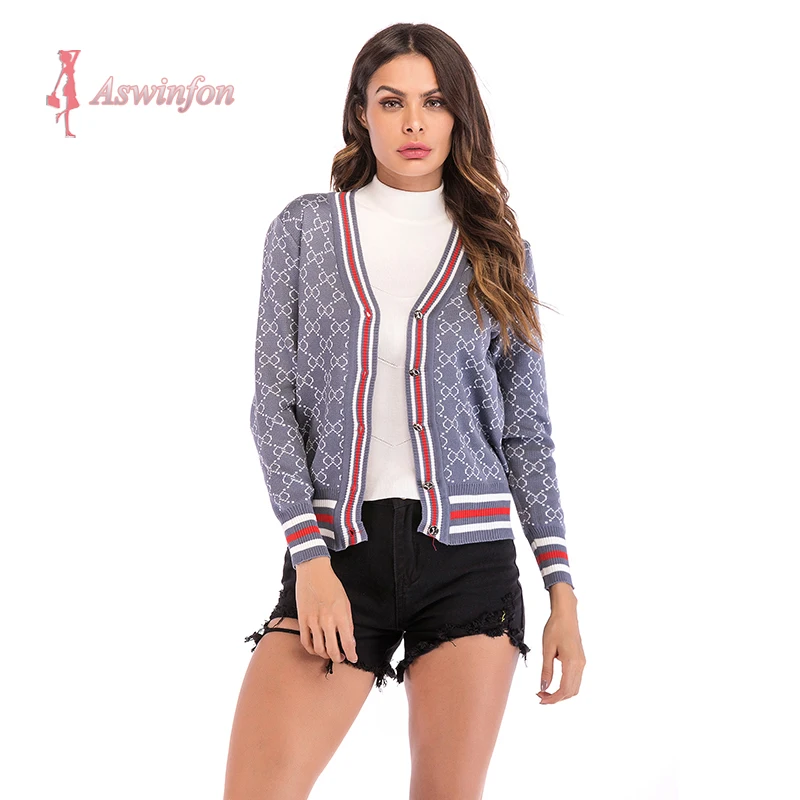 

Aswinfon Autumn Knitting Cardigan Women Contrast Color V Neck Long Sleeve Striped Short Button Up Knitwear Outwear Tops For Lad