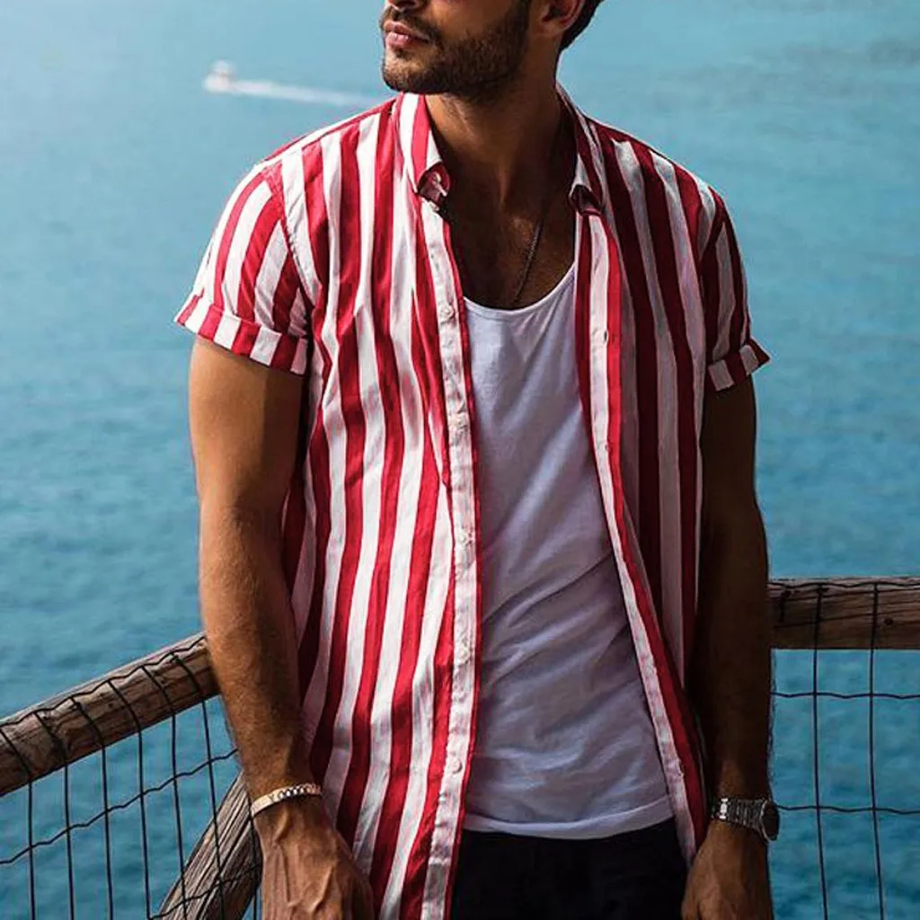 

Feitong 2019 Men Fashion Short Sleeve Regular Fit Button Down Shirt Casual Vertical Striped Shirt