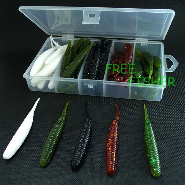 50pcs Fishing Kit Soft Lure Bait Worm Plastic Rubber Grub Bass