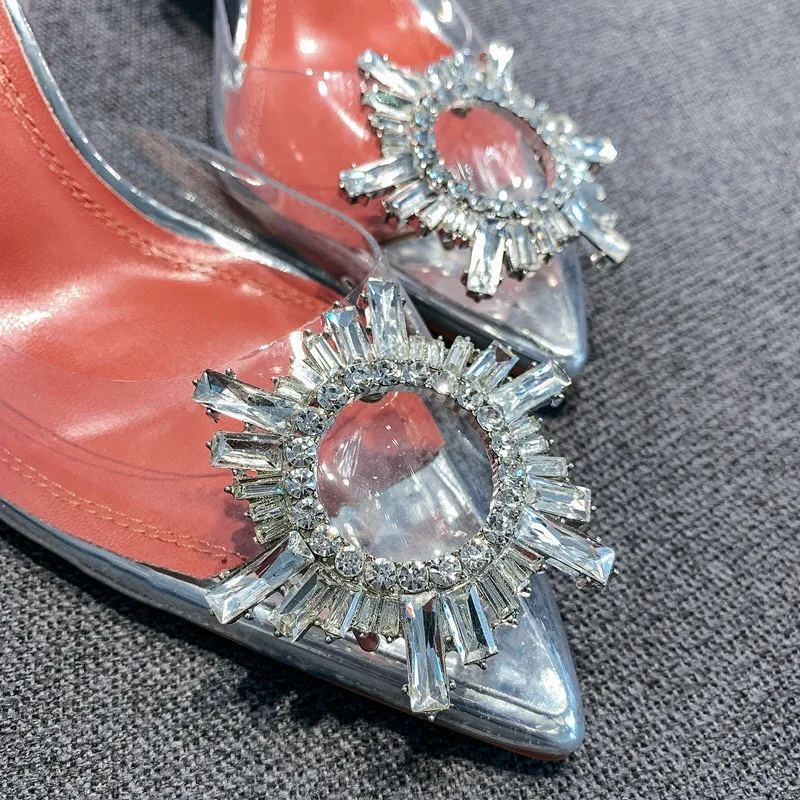 Женские туфли-лодочки на высоком каблуке с острым носком, из ПВХ, со стразами