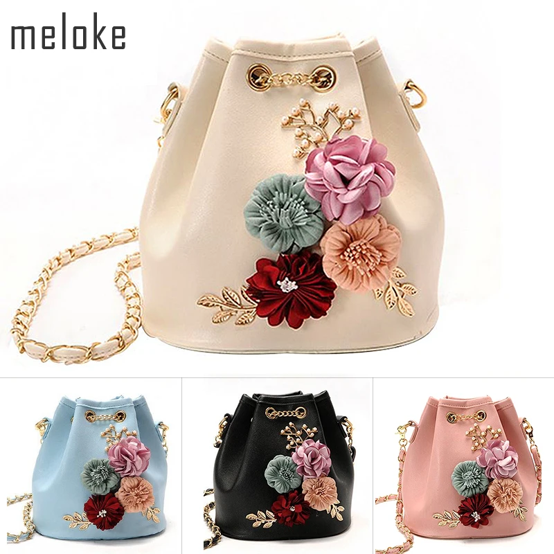 Cena Meloke 2018 Handmade Kwiaty Wiadro Torebki Mini Torby Na Ramię Z Chain Ściągacze Mały Krzyż Ciała Torby Pearl Torby Liście Naklejki