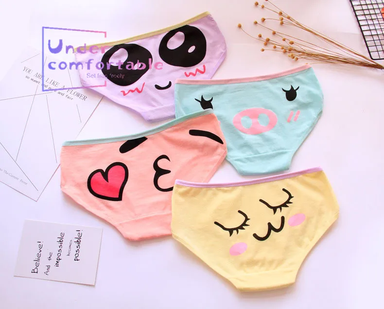 

New Cute Face Candy Color Girls Underwear Freshness Pure Cotton Panties Mid-Rise Soft Breathable Girl's Briefs L106