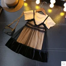 Новое поступление, модный костюм с платьем из 2 предметов для девочек длинная футболка+ кружевное платье