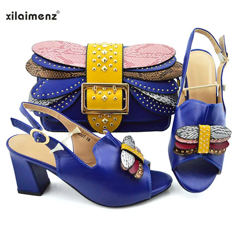 Новинка; летняя элегантная обувь и сумка в комплекте винного цвета в нигерийском стиле; удобная обувь на каблуке для королевской свадьбы - Цвет: Royal Blue