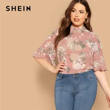 SHEIN Pink Mock-Neck Curved Hem Floral Print Half Sleeve Plus Size Women Tops Summer Elegant Keyhole Back Flounce Sleeve Blouses SHEIN Pink Mock-Neck Curved Hem Floral Print Half Sleeve Plus Size Women Tops Summer Elegant Keyhole Back Flounce Sleeve Blouses