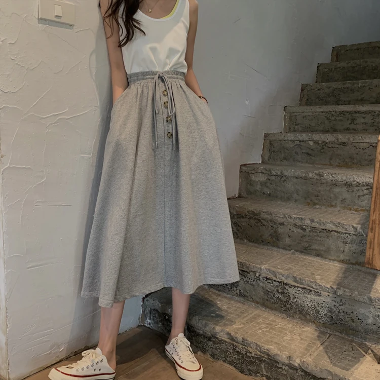 

Patchwork Button Drawstring High Waist Solid Grey White Fashion Vintage Korean Women Midi Long Cotton Skirt Boho Harajuku Pocket