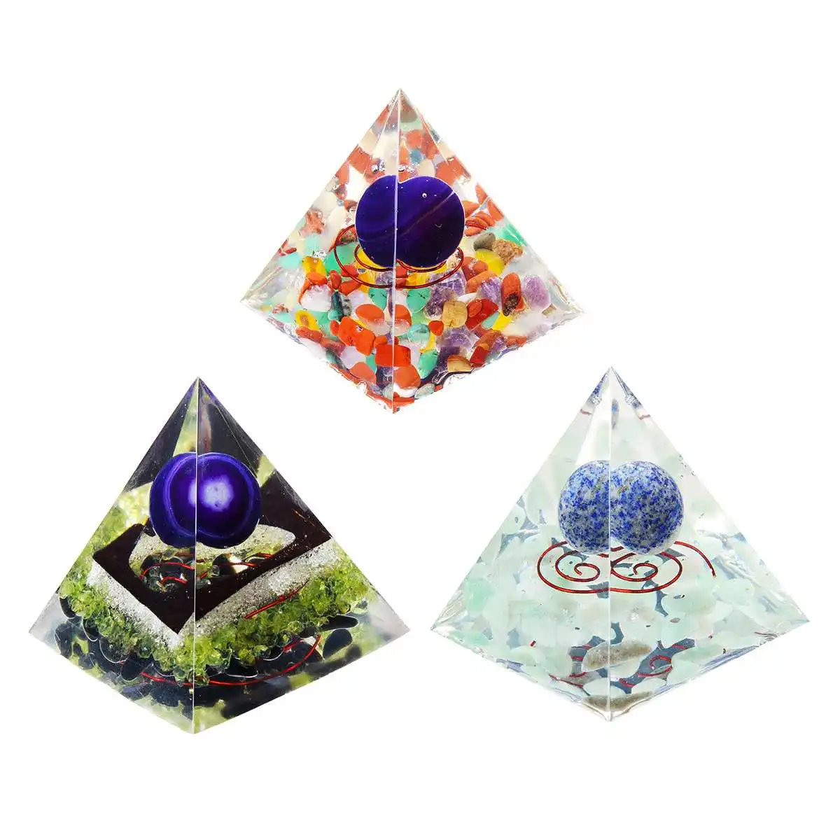 Фиолетовый Синий Круглый бисер 7 чакра камень заостренный прозрачный кристалл Orgone пирамида, исцеляющий рейки энергетическая Пирамида 55x55x65 мм