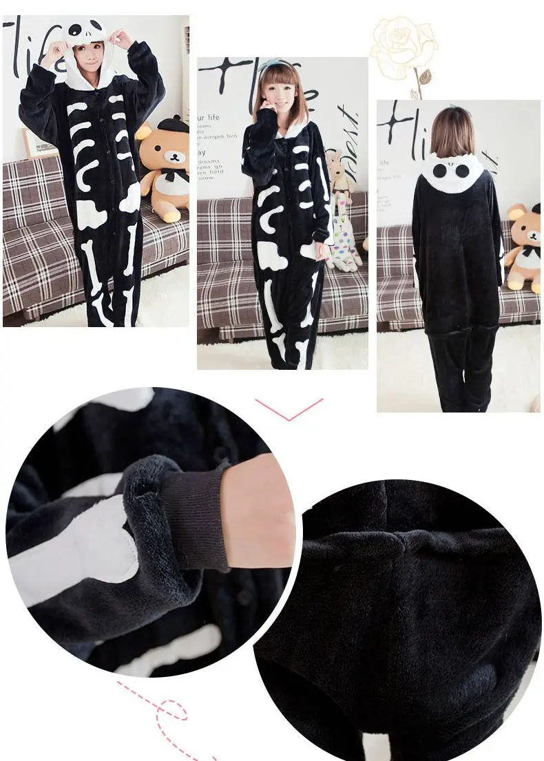 Кигуруми черная Пижама «скелет» животные вечерние фланелевый костюм для косплея комбинезоны игры мультфильм животных пижамы