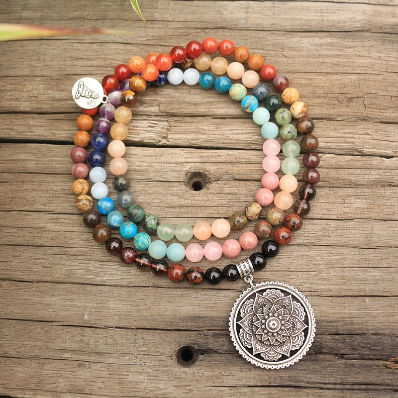 Online 8mm Naturstein Perlen, 28 Bunte Steine, Buddha, Lotus, JapaMala Sets, Spirituellen Schmuck, meditation, Inspirational, 108 Mala Perlen