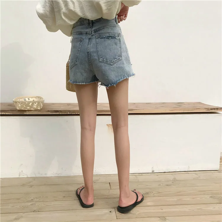 Для женщин Горячая проблемных Короткие джинсы летние Высокая Талия Тонкий просторная легкая синий Джинсовые шорты женские широкую ногу