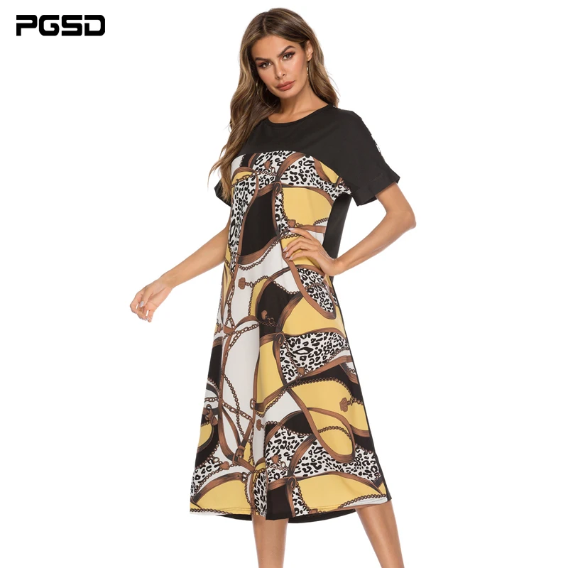 

PGSD 2019 Summer Geometric printed Short Sleeve O-Neck Chiffon Spliced Medium length casual dress female Fashion women clothes