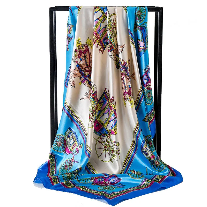 Горячая мода Шелковый женский Шарф Верховая езда хиджаб дизайн печати квадратный Атлас Женская бандана обертывание леди подарок - Цвет: A2 Blue