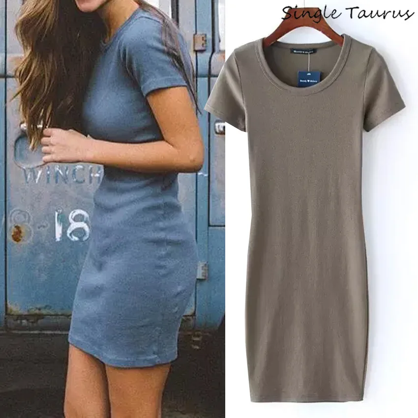

Sexy Slim Dress Women Pure Color Short Sleeve Summer Skinny Dress O-neck Mini Pencil dress High Street Preppy Style Robe Femme