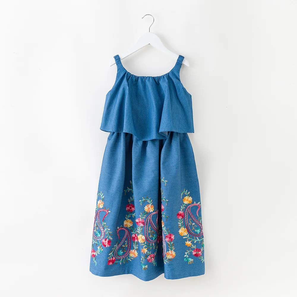 Платье для девочек летние платья без рукавов для мамы и дочки детская одежда с рюшами джинсы детское платье с вышивкой 10, 12, 14, 16 лет - Цвет: blue