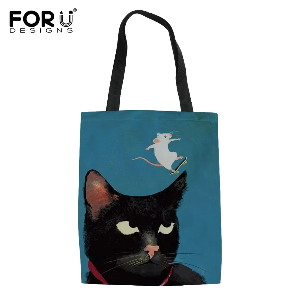 

FORUDESIGNS Cartoon Kitty Cat Printing Women Tote Canvas Bags Reusable Shopping Bag Shoulder Bags for Women 2019 School Books