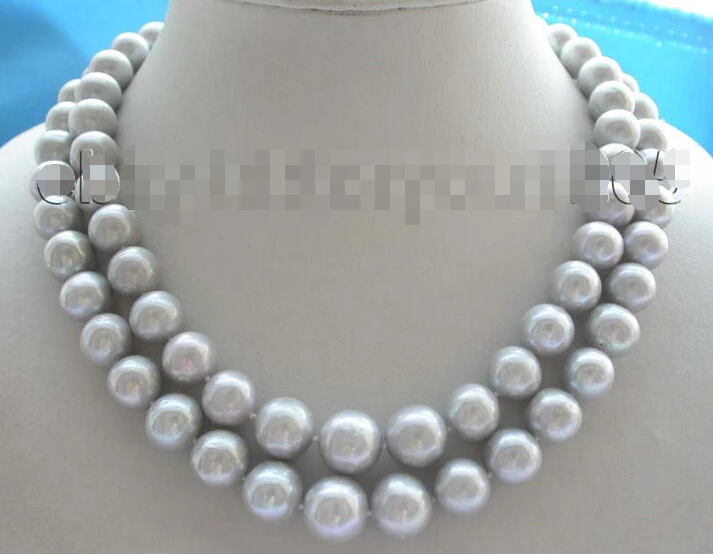 

2rows Natural 13mm Round Gray Pearl Necklace 925SC Mabe NEW