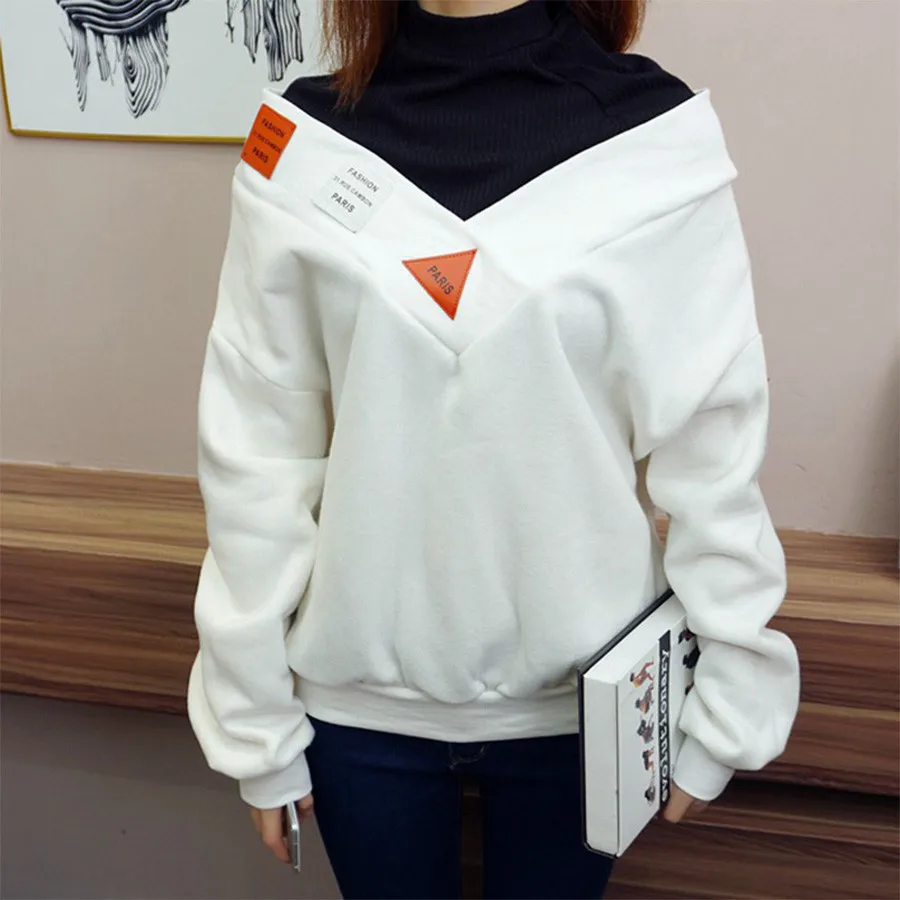 Women Hoodies Sweatshirts Knitted Patchwork Pullover