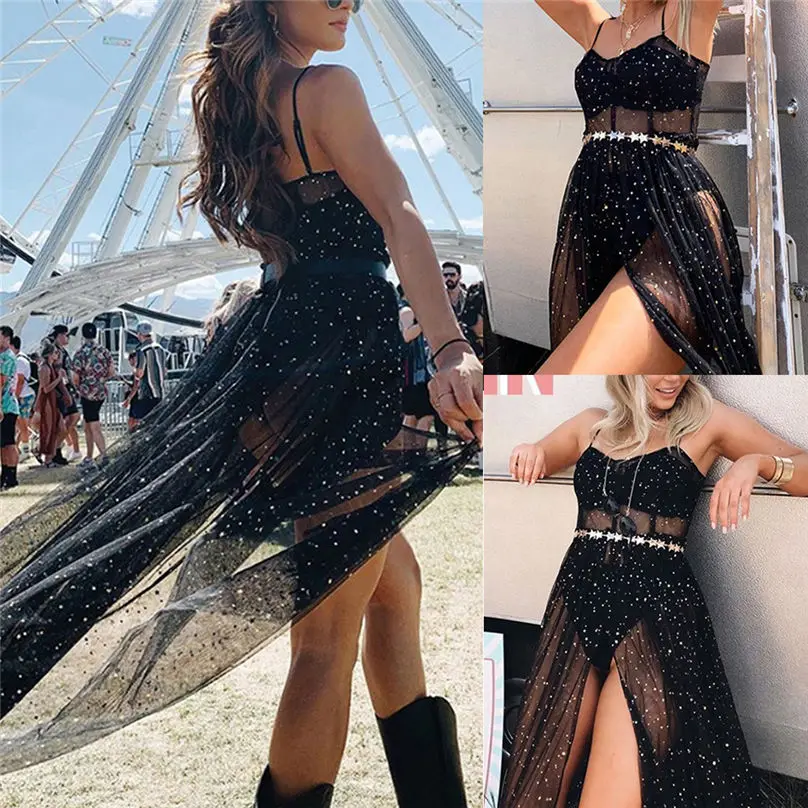 

2019 Fashion Womens Sexy Summer Dress Stars Perspective Mesh Gauze Backless Camisole Sleeveless Long Dress vestidos mujer 4M14