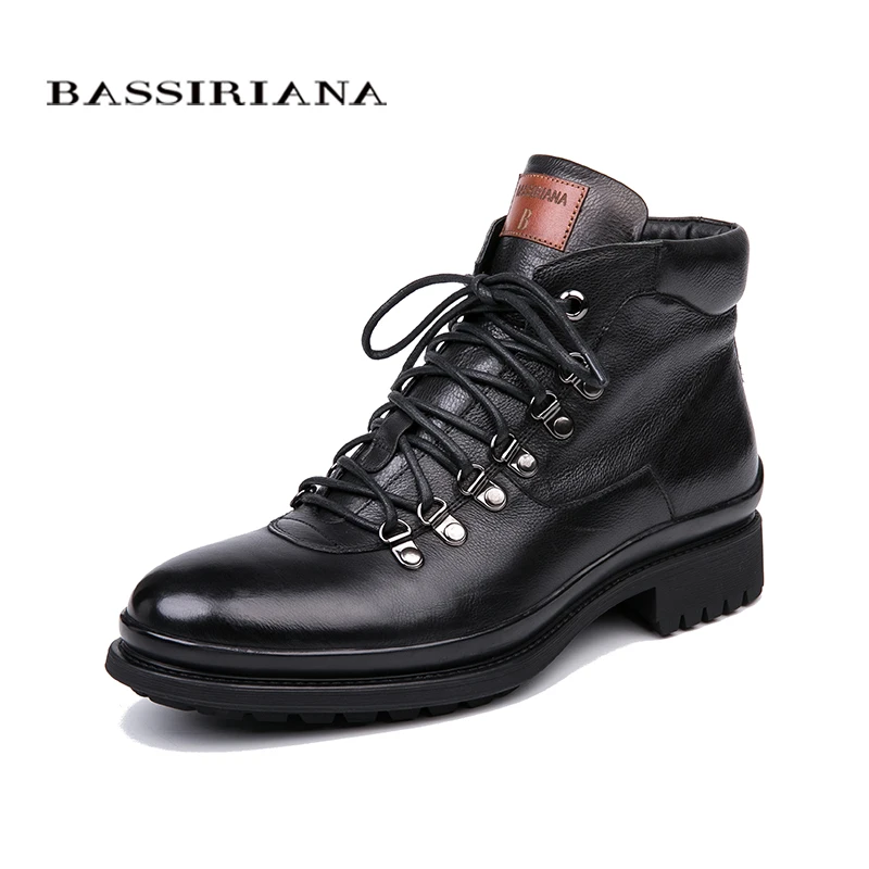 BASSIRIANA/ новая обувь из натуральной кожи мужские зимние сапоги черный и темно-синие шнуровке одноцветное 39-45 - Цвет: black