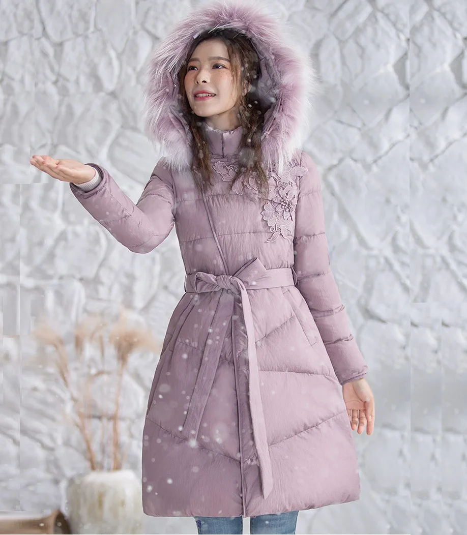 S-3XL Winter Remove Hat Coat Woman Solid Long Feather Down Padded Girls Ladies Floral Lace Embroidery Overcoats