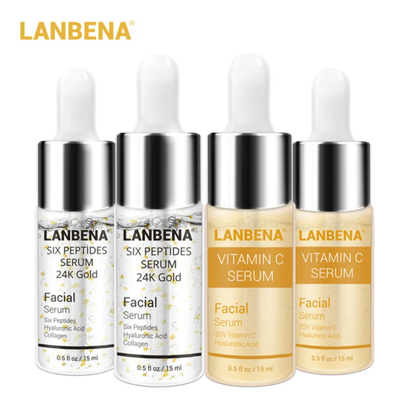 Продажа LANBENA витамин C Сыворотки + шесть пептиды Сыворотки s 24 К золото Anti Aging Увлажняющий уход за кожей Отбеливающий ярче красота 4 шт..