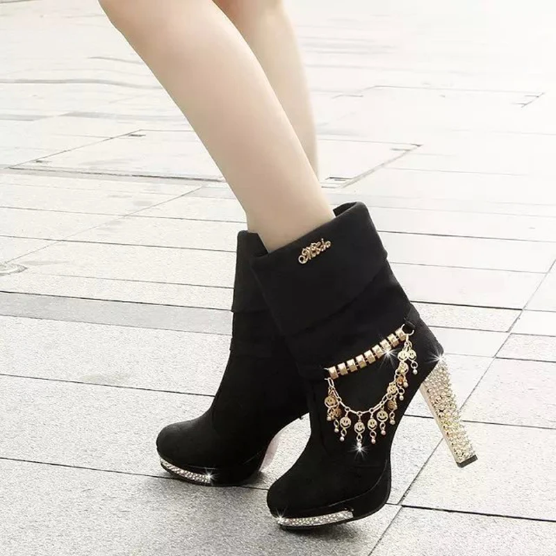 Ms. Noki/обувь на высоком каблуке женские ботинки на меху для девушек, женская обувь из флока синего/черного цвета, зимние офисные женские ботильоны квадратный каблук