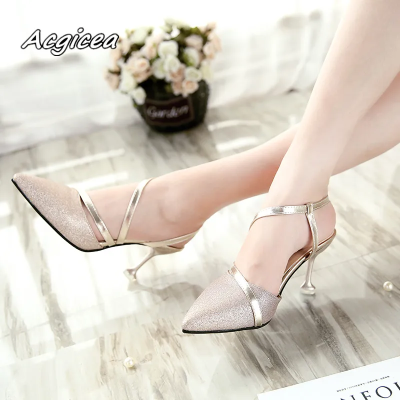

Sandals 2018 New Women's Summer Bandage Pointed Cat Heel Sexy Stiletto High heels Women Silver f062